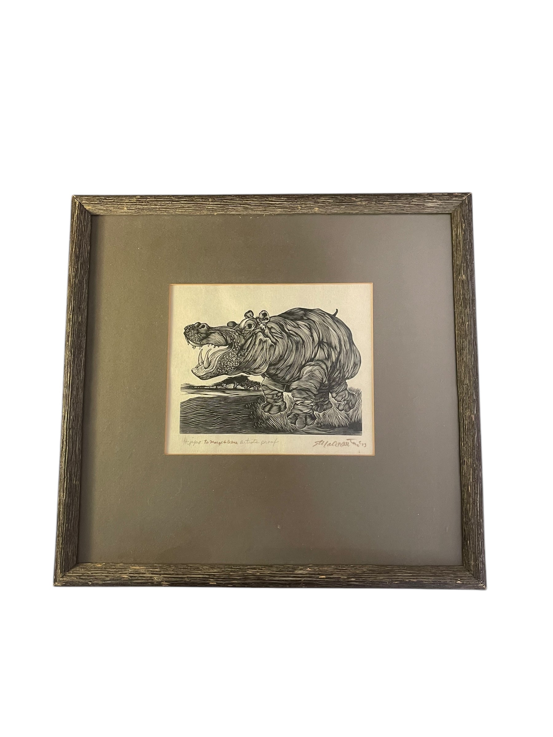 Midcentury Modern Artists Proof Woodblock Print Hippo