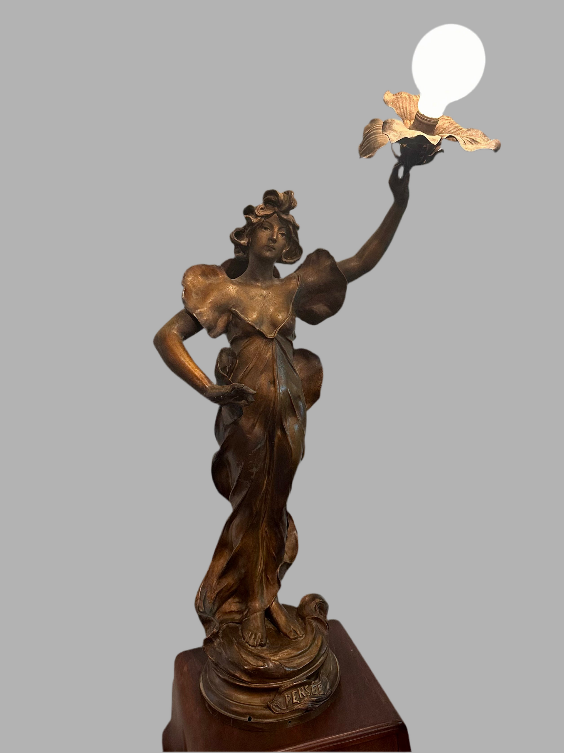 Antique Art Nouveau Patinated Bronze French Figural Spelter Newel Post Lamp