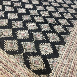 Large Vintage Black, White, Blue, and Pink Hand-knotted Oriental Bokhara Area Rug
