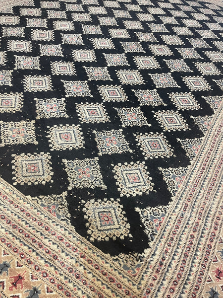 Large Vintage Black, White, Blue, and Pink Hand-knotted Oriental Bokhara Area Rug