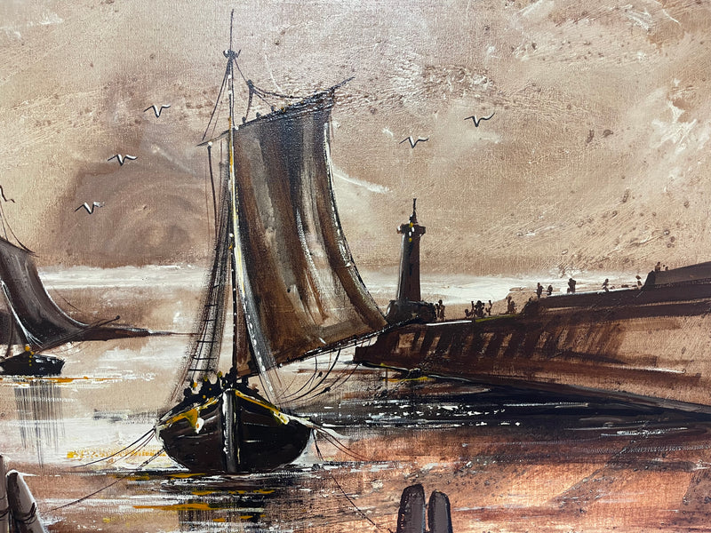 Midcentury Modern Framed Painting Ships in the Harbor