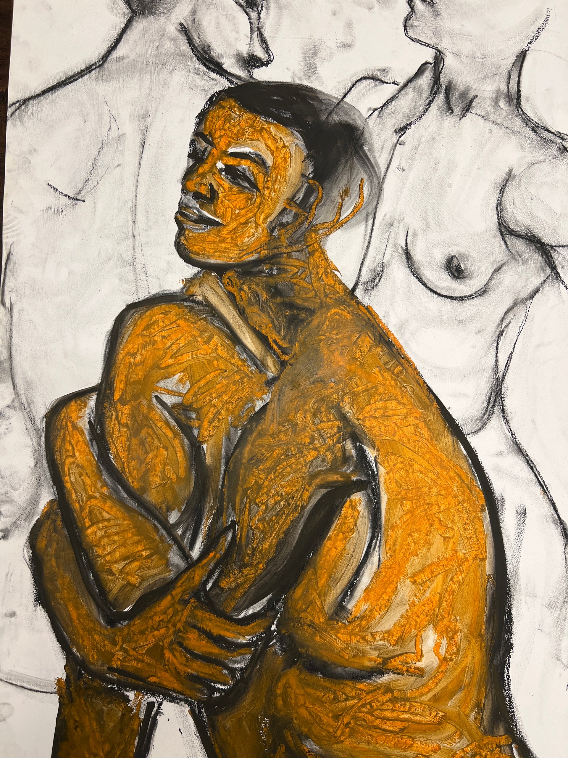 Pensive Man Gold in Black and White Charcoal and Acrylic (Nina Gelin-Meier Collection)