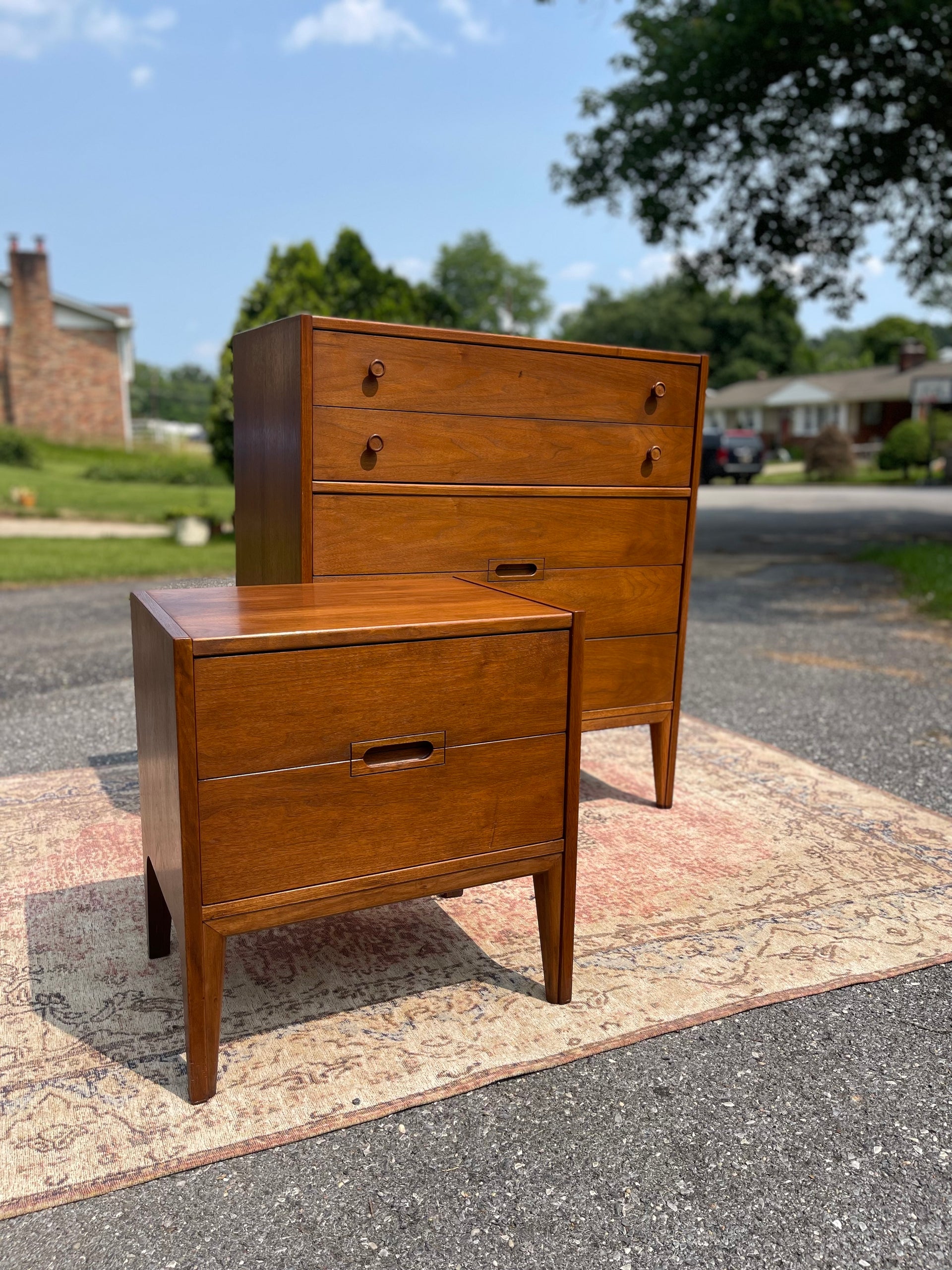 Midcentury Modern Walnut Tallboy Dresser & Matching Ottoman from United Furnitue Co.
