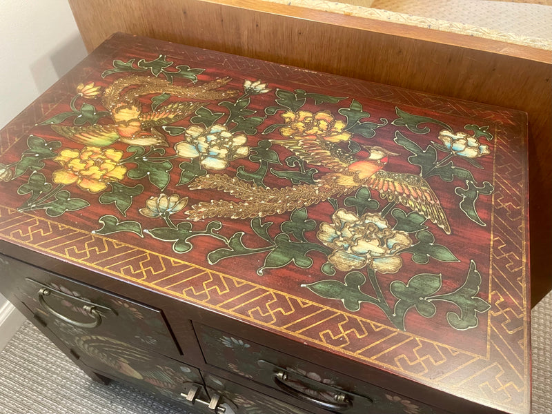 Petite Painted Asiatic Cabinet with Flower and Bird Motif