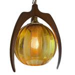 Mid Century Modern Bruce Industries Walnut & Amber Glass Pendant Light