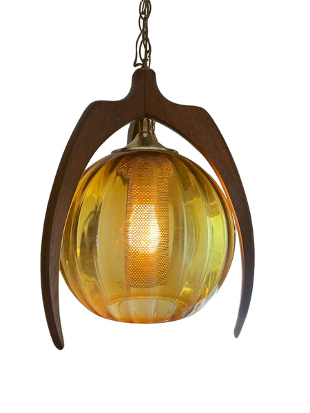 Mid Century Modern Bruce Industries Walnut & Amber Glass Pendant Light