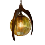 Mid Century Modern Bruce Industries Walnut & Amber Glass Pendant Light