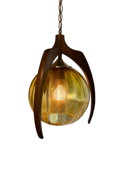 Mid Century Modern Bruce Industries Walnut & Amber Glass Pendant Light