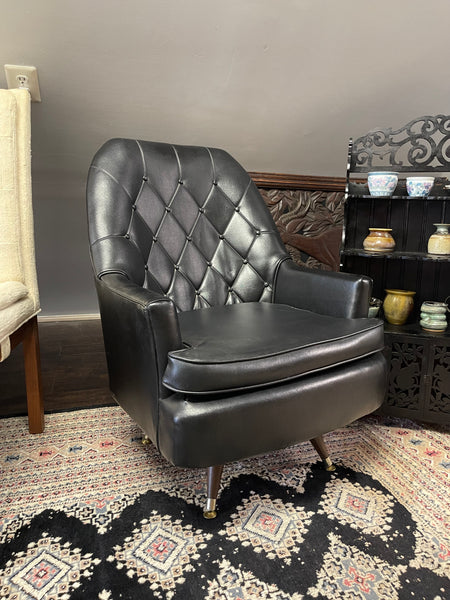 Midcentury Modern Black Vinyl Tufted Armchair