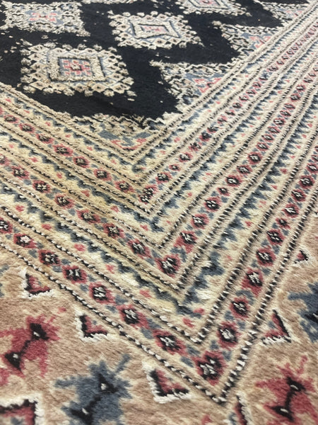 Large Vintage Black, White, Blue, and Pink Hand-knotted Oriental Bokhara Area Rug