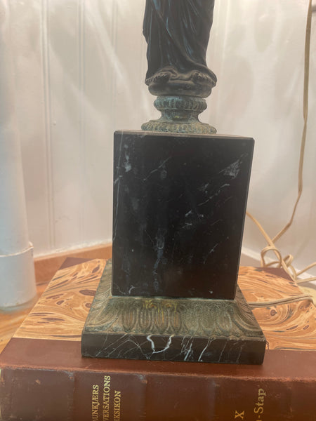 Hollywood Regency Antique Marble Lamp with Bronze Statue