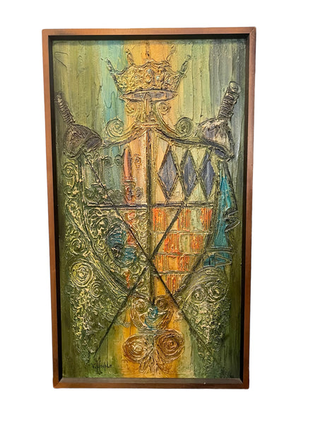 Midcentury Modern Oil on Board of a Medieval Crest Signed Van Hoople