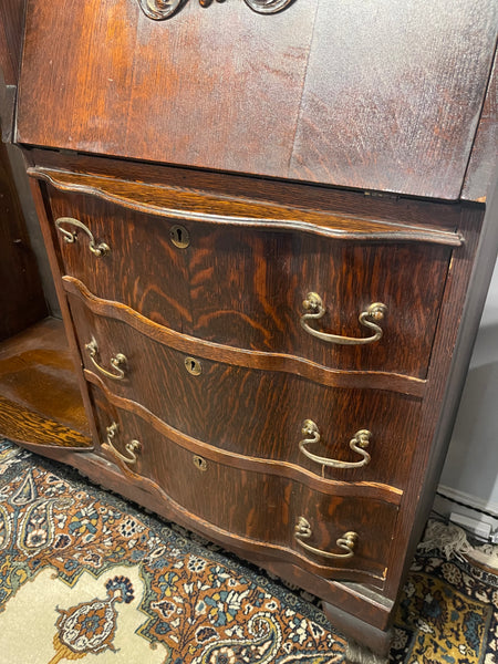 Antique American Tiger Oak Side by Side Bowed Glass Bookcase or China Secretary