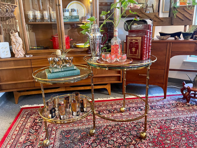 Hollywood Regency Style Brass and Glass Two Tiered Bar Cart