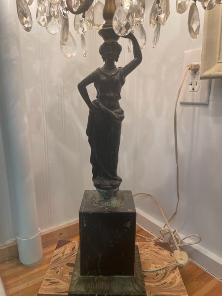 Hollywood Regency Antique Marble Lamp with Bronze Statue