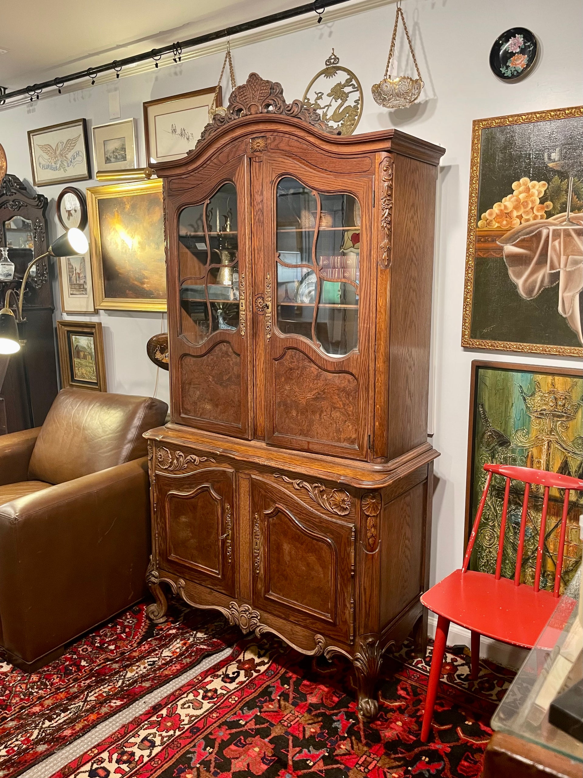Antique French Oak Art Nouveau Style Glass Fronted Cabinet