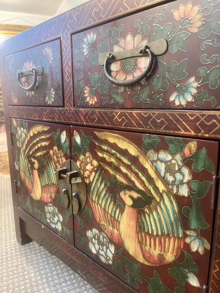 Petite Painted Asiatic Cabinet with Flower and Bird Motif