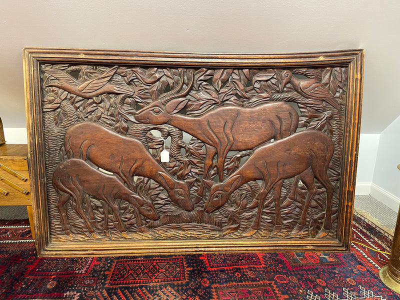 Vintage Hand-Carved Wooden Artwork Depicting Deer or Antelope