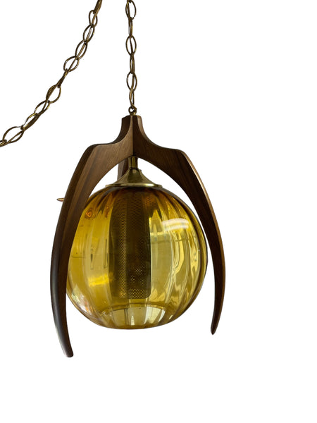 Mid Century Modern Bruce Industries Walnut & Amber Glass Pendant Light