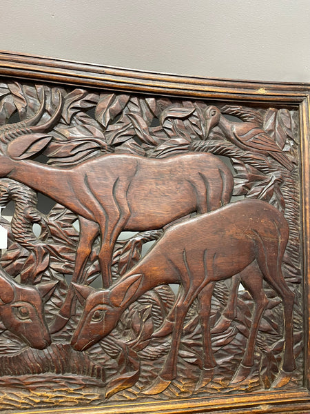 Vintage Hand-Carved Wooden Artwork Depicting Deer or Antelope