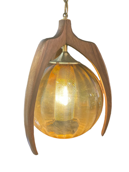 Mid Century Modern Bruce Industries Walnut & Amber Glass Pendant Light