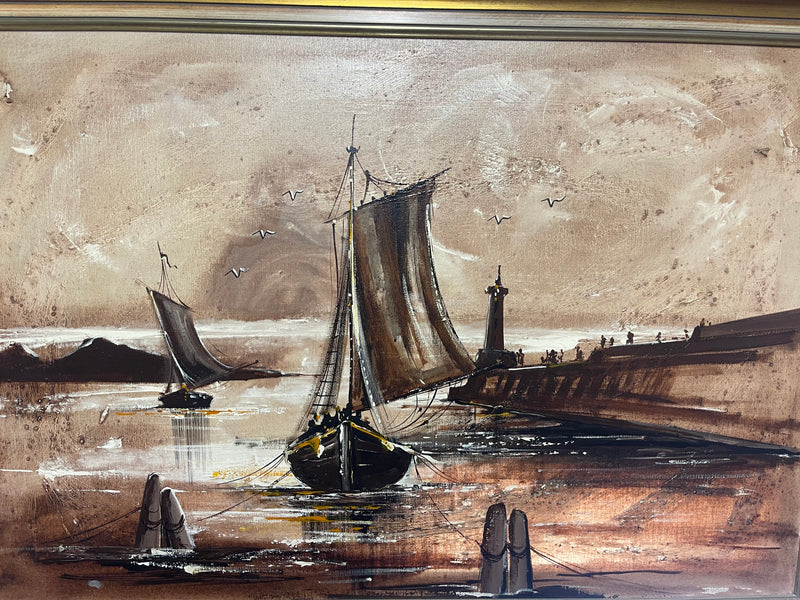 Midcentury Modern Framed Painting Ships in the Harbor