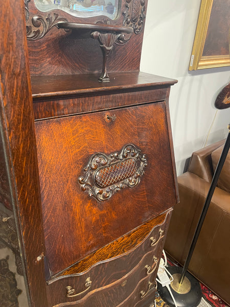 Antique American Tiger Oak Side by Side Bowed Glass Bookcase or China Secretary