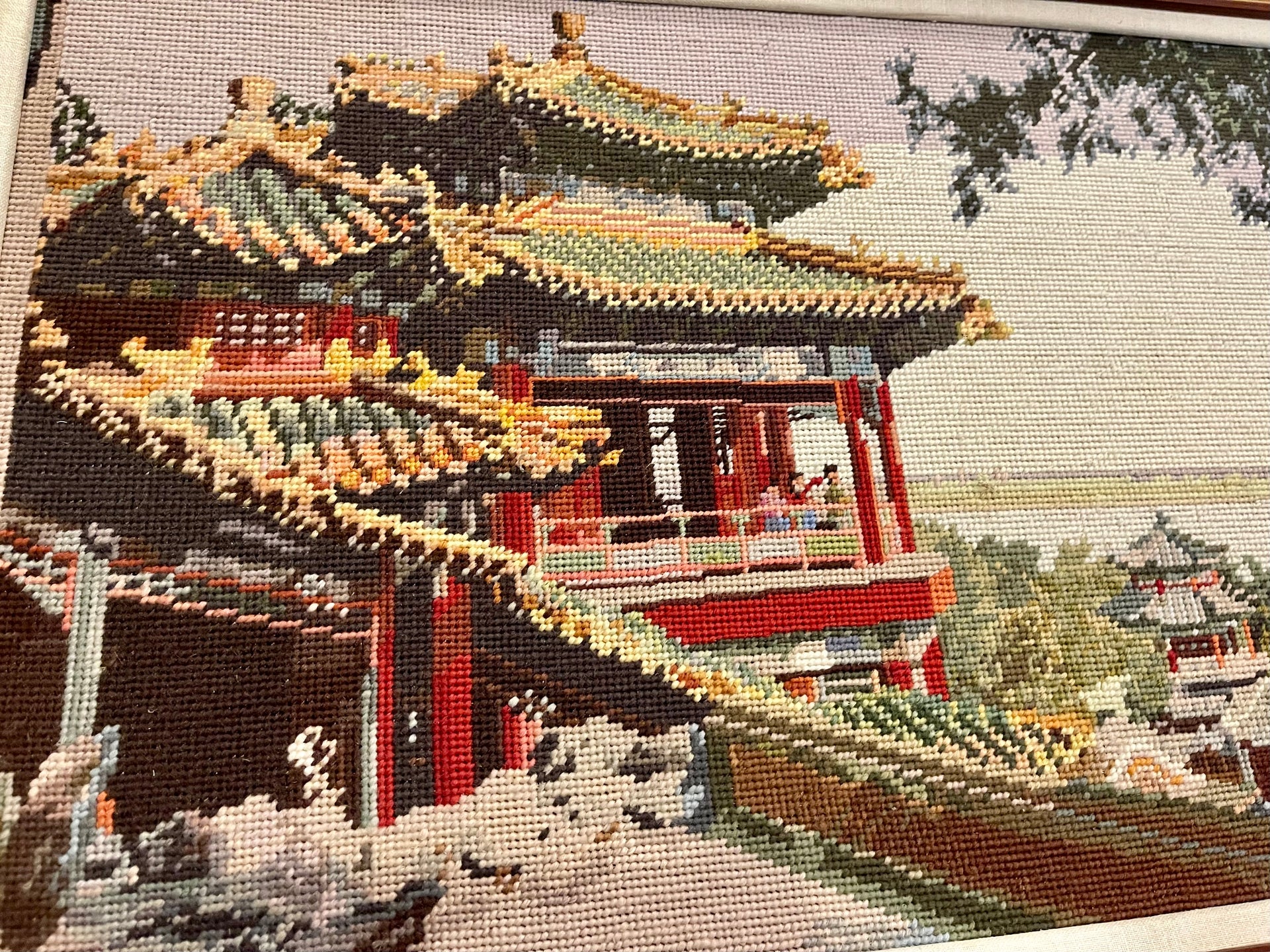 Vintage Hand-Stitched Pagoda on the River Artwork