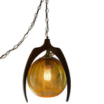 Mid Century Modern Bruce Industries Walnut & Amber Glass Pendant Light