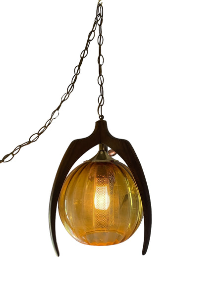 Mid Century Modern Bruce Industries Walnut & Amber Glass Pendant Light