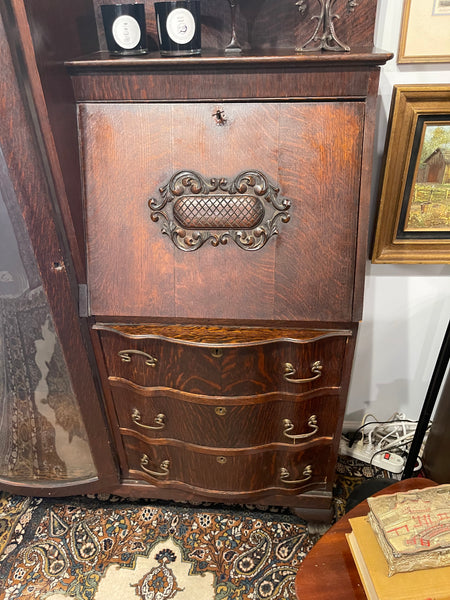 Antique American Tiger Oak Side by Side Bowed Glass Bookcase or China Secretary