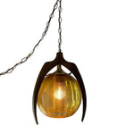 Mid Century Modern Bruce Industries Walnut & Amber Glass Pendant Light