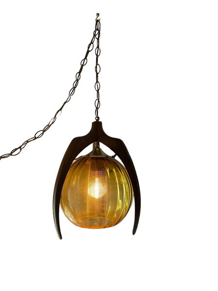 Mid Century Modern Bruce Industries Walnut & Amber Glass Pendant Light