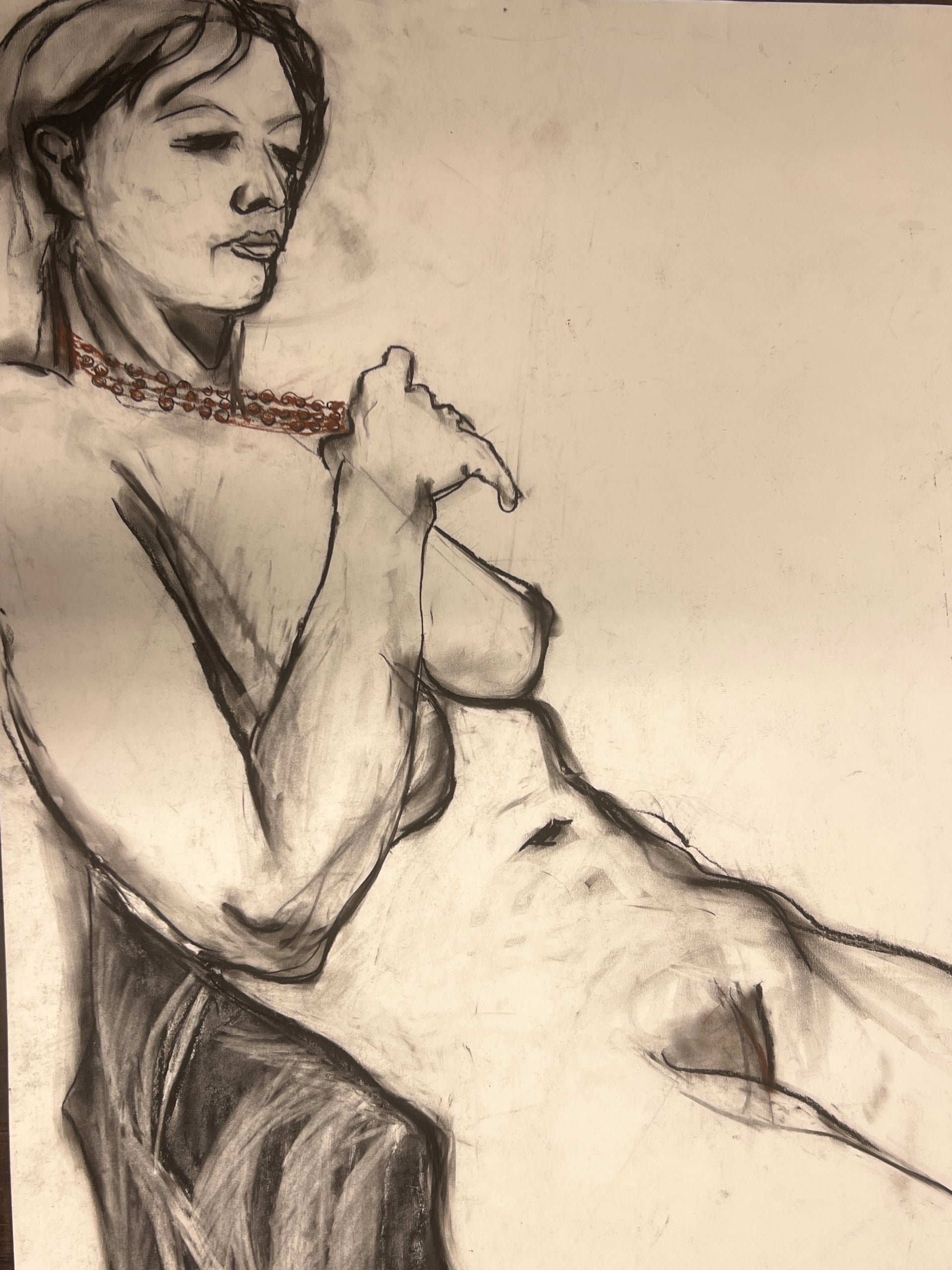 Woman Clutching Red Pearls in Charcoal (Nina Gelin-Meier Collection)