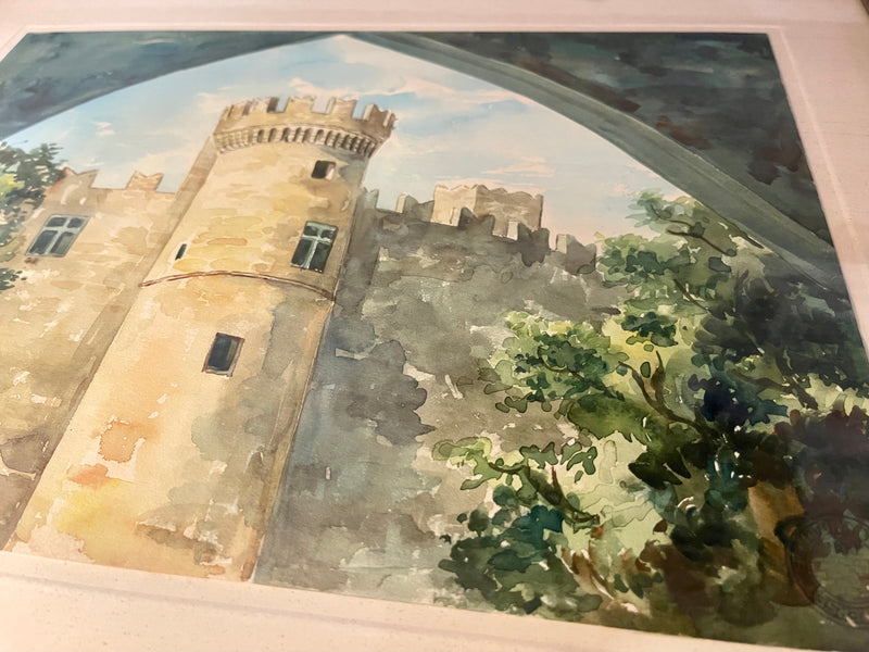 Vintage Greek Watercolor Painting of a Castle