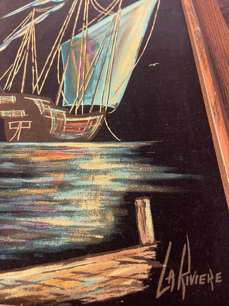 Midcentury Modern Oil on Felt Ship Painting signed La Rivière
