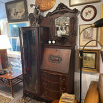 Antique American Tiger Oak Side by Side Bowed Glass Bookcase or China Secretary