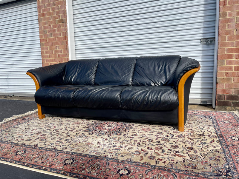 Ekornes Scandinavian Modern Black Leather “Manhattan” Stressless Sofa