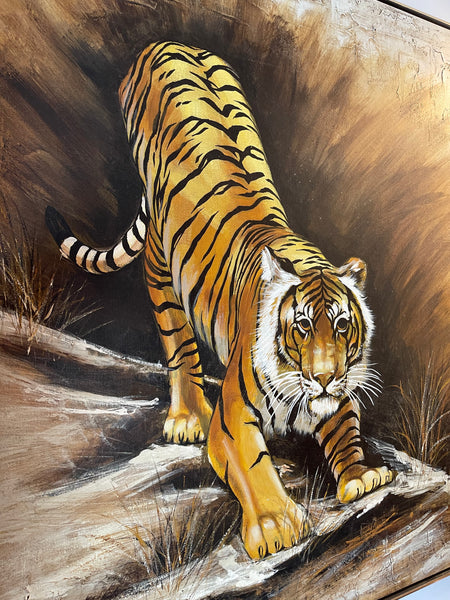 Large Oil on Canvas Depicting a Tiger signed R. Delongprie