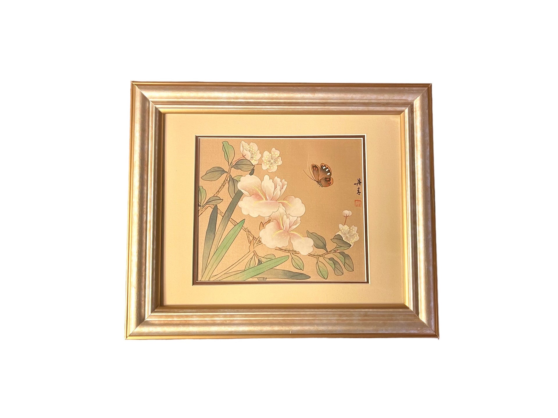 Vintage Japanese Silkscreen Framed Painting of Butterfly and Flower