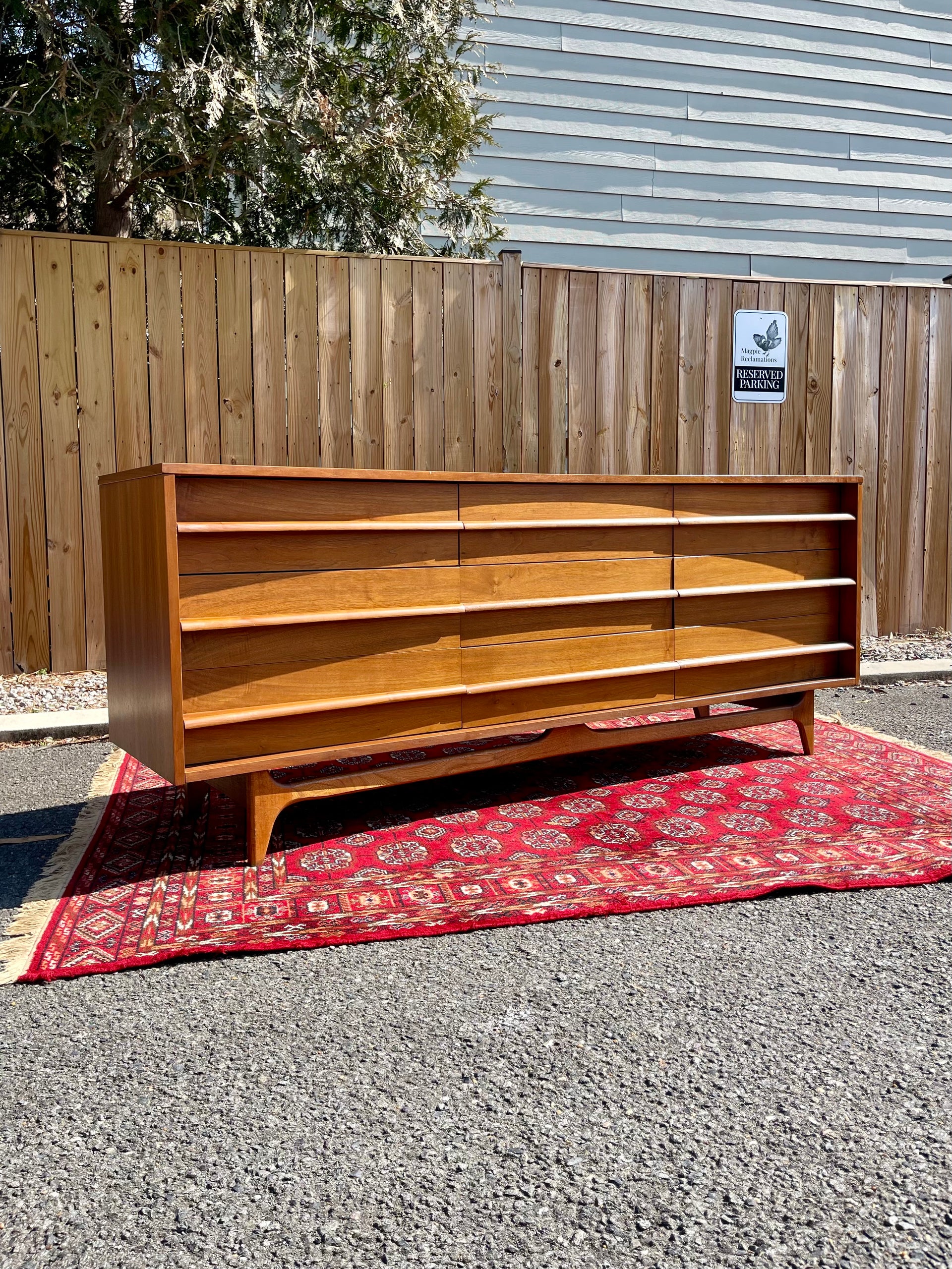 Young Mfg Co Midcentury Modern Nine Drawer Walnut Dresser