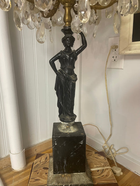 Hollywood Regency Antique Marble Lamp with Bronze Statue