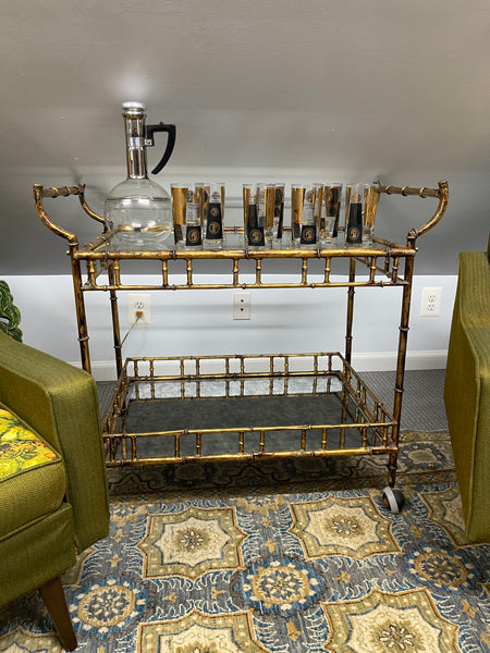 Hollywood Regency Faux Bamboo Distressed Brass Rolling Metal and Glass Bar Cart