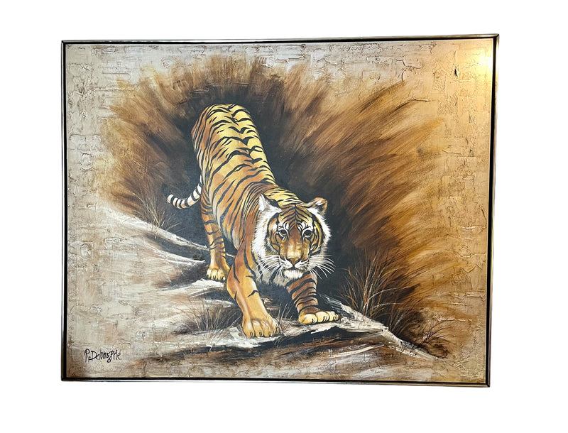 Large Oil on Canvas Depicting a Tiger signed R. Delongprie