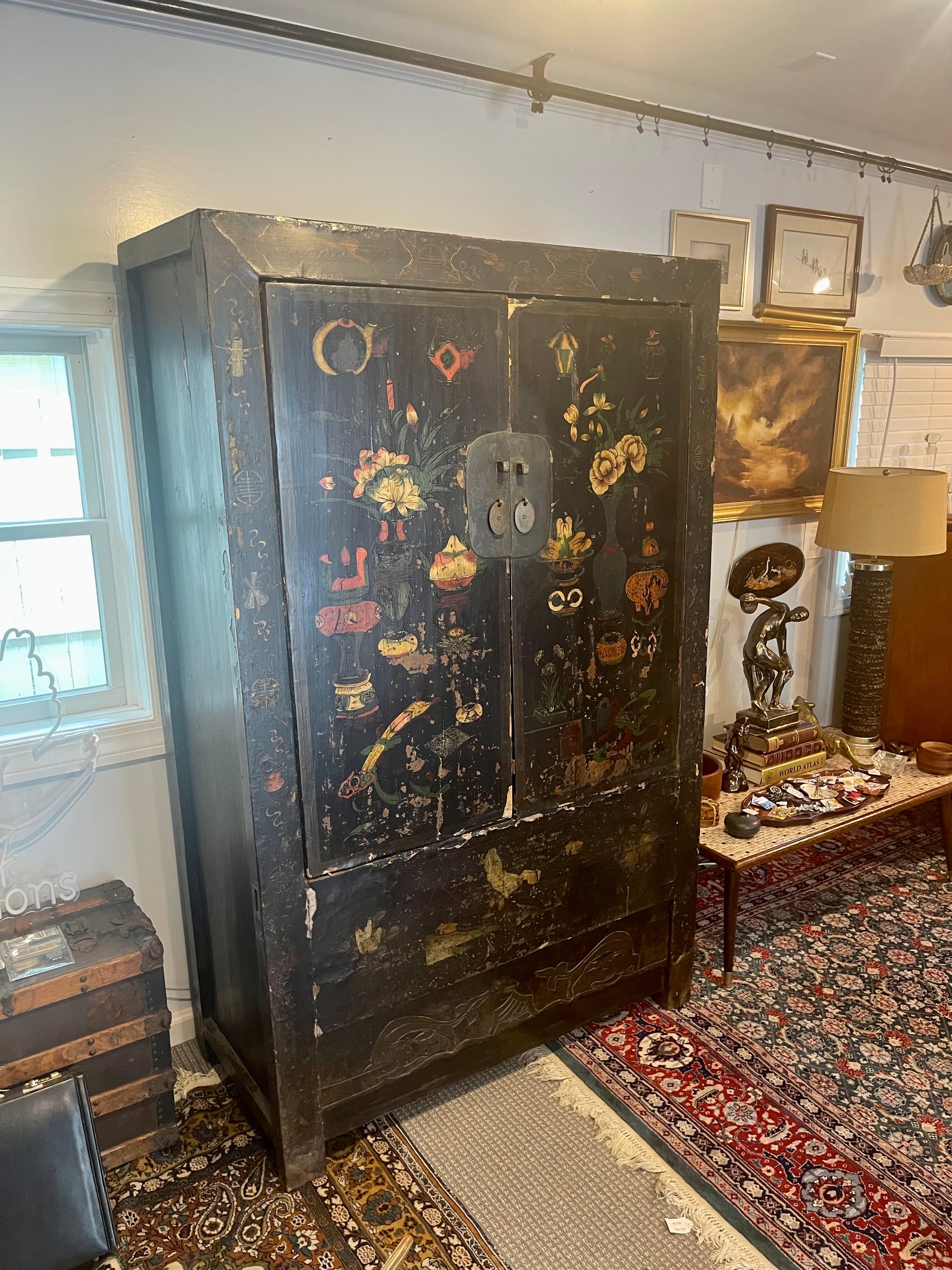 Antique Chinese Chinoiserie Black Lacquer Wardrobe Cabinet