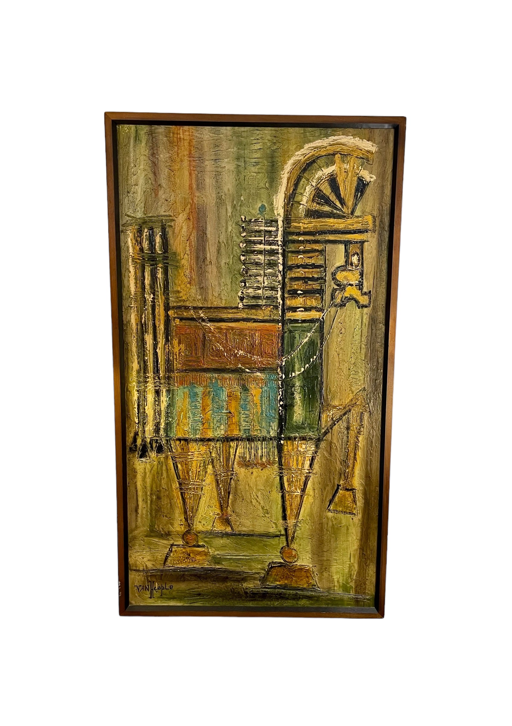 Midcentury Modern Oil on Board of a Trojan Horse Signed Van Hoople