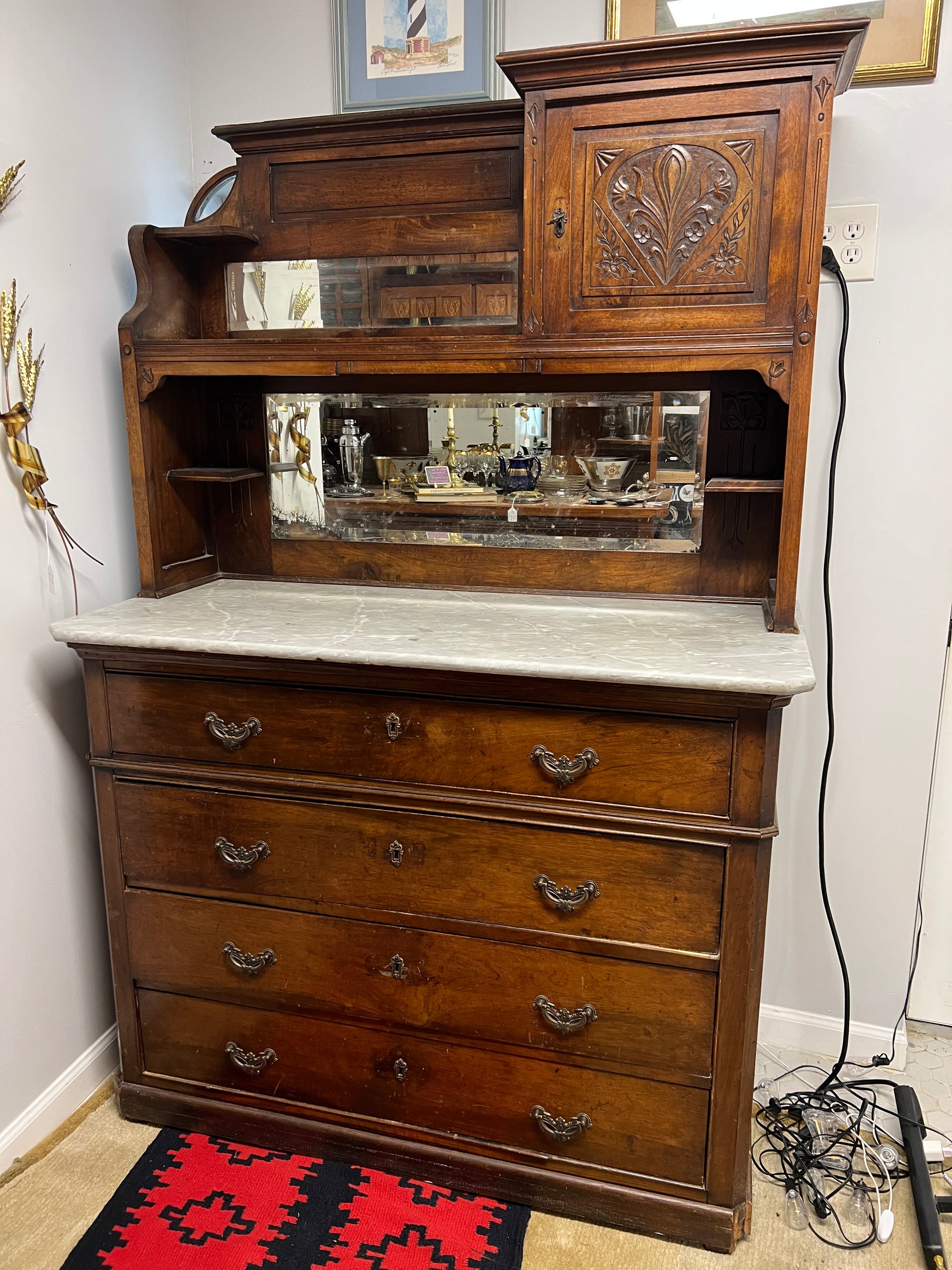 Antique Marble Top Hutch with Mirror