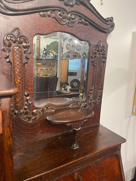 Antique American Tiger Oak Side by Side Bowed Glass Bookcase or China Secretary