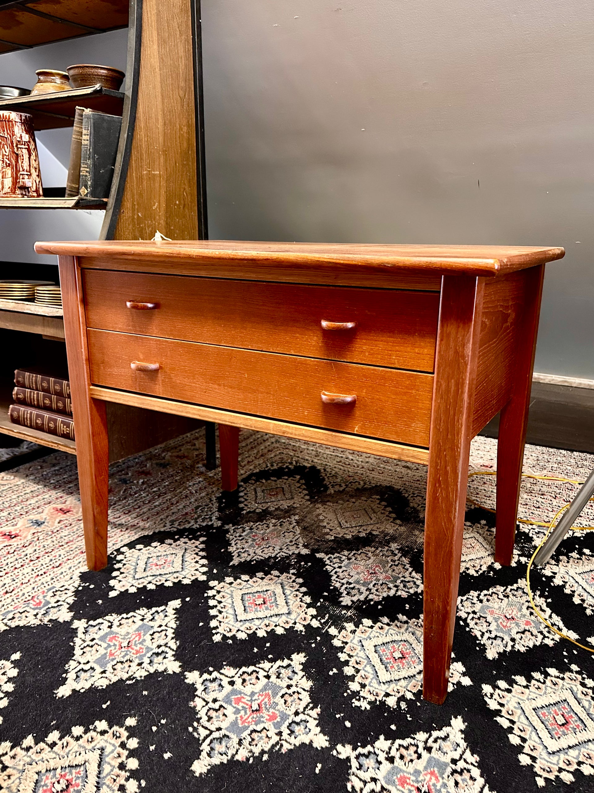 Danish Midcentury Modern Teak Side Table with Two Drawers