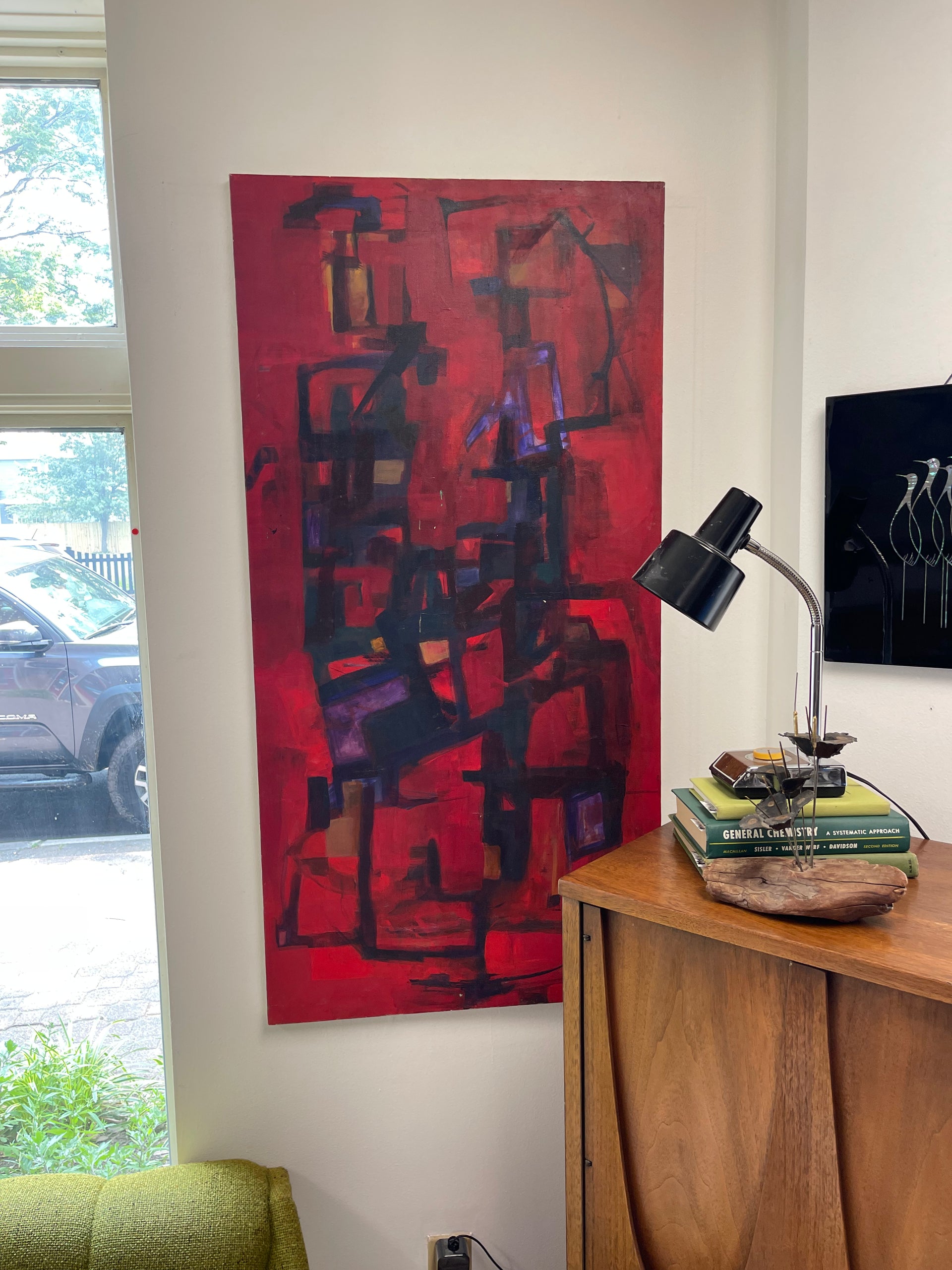 Mid Century Modern Red Abstract Art Signed